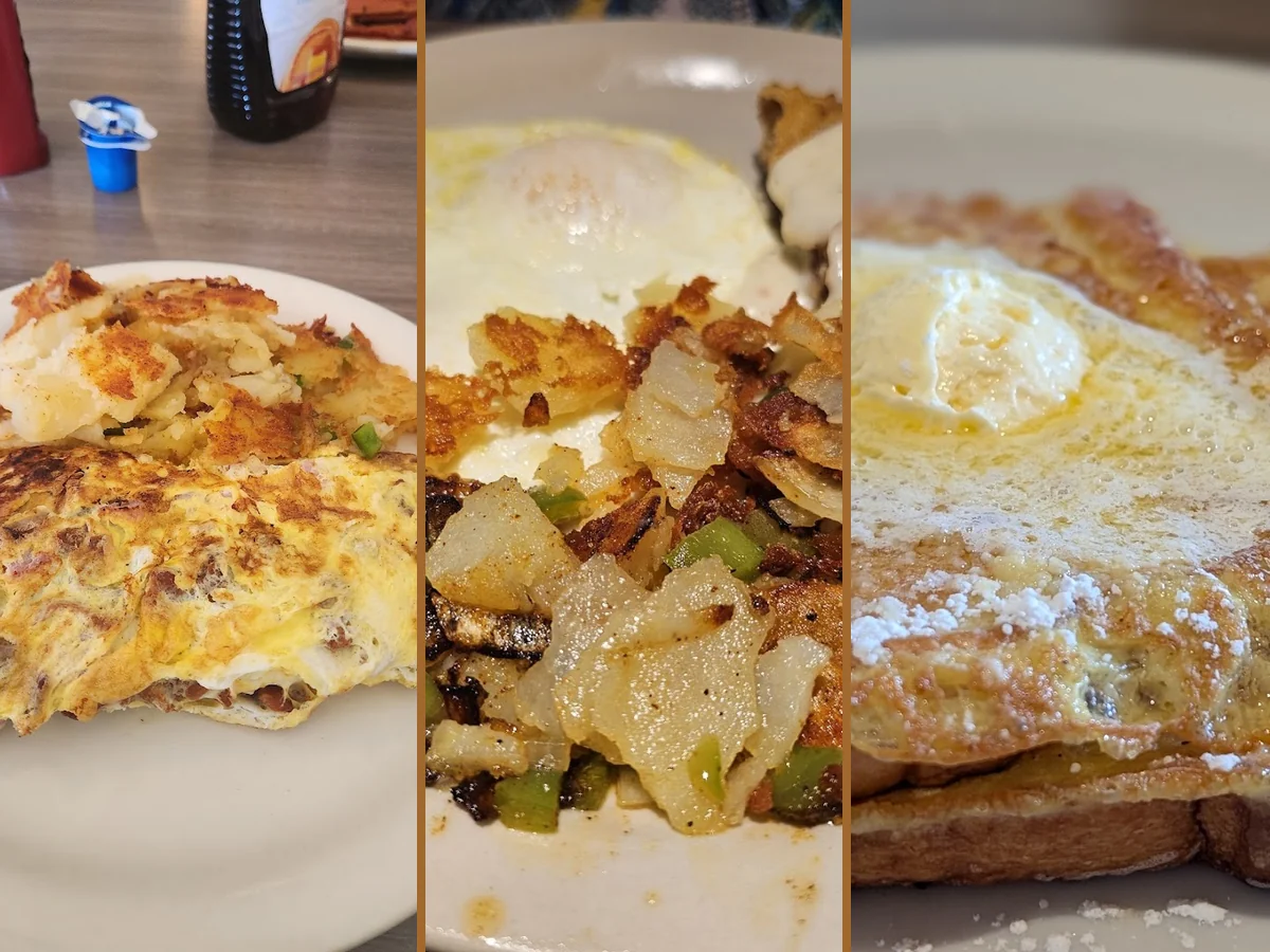 Cozy diner tables with classic breakfast plates.